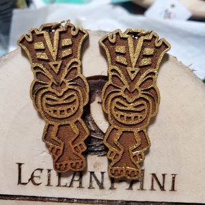 Tiki style Engraved Earrings Made of Wood 2"